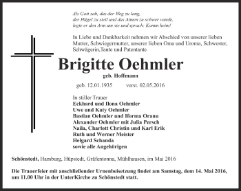 Traueranzeige von Brigitte Oehmler von Thüringer Allgemeine, Thüringische Landeszeitung