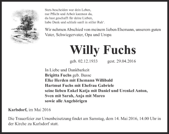 Traueranzeige von Willy Fuchs von Ostthüringer Zeitung
