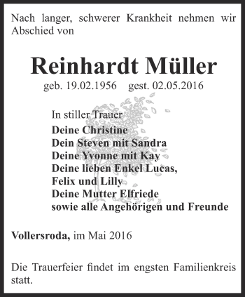 Traueranzeige von Reinhardt Müller von Thüringer Allgemeine, Thüringische Landeszeitung