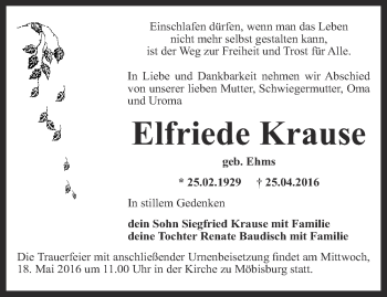 Traueranzeige von Elfriede Krause von Thüringer Allgemeine, Thüringische Landeszeitung