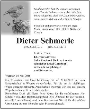 Traueranzeige von Dieter Schmerle von Thüringer Allgemeine, Thüringische Landeszeitung