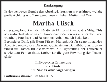 Traueranzeige von Martha Ulisch von Thüringer Allgemeine