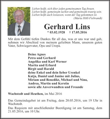 Traueranzeige von Gerhard Lins von Thüringer Allgemeine