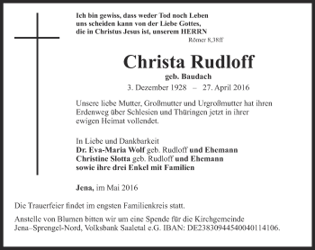 Traueranzeige von Christa Rudloff von Ostthüringer Zeitung, Thüringische Landeszeitung