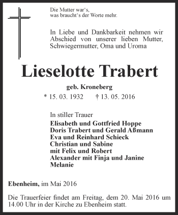 Traueranzeige von Lieselotte Trabert von Ostthüringer Zeitung, Thüringische Landeszeitung