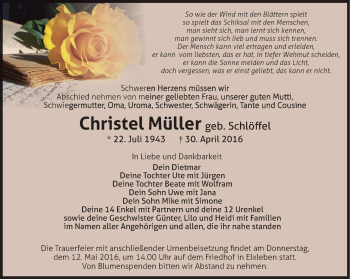 Traueranzeige von Christel Müller von Thüringer Allgemeine, Thüringische Landeszeitung