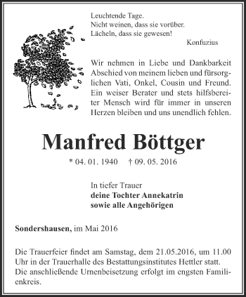 Traueranzeige von Manfred Böttger von Thüringer Allgemeine