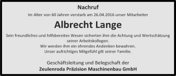 Traueranzeige von Albrecht Lange von Ostthüringer Zeitung