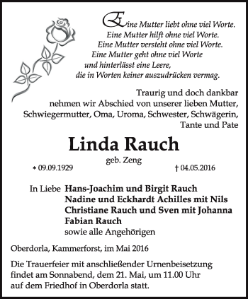 Traueranzeige von Linda Rauch von Thüringer Allgemeine, Thüringische Landeszeitung