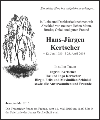 Traueranzeige von Hans-Jürgen Kertscher von Ostthüringer Zeitung, Thüringische Landeszeitung