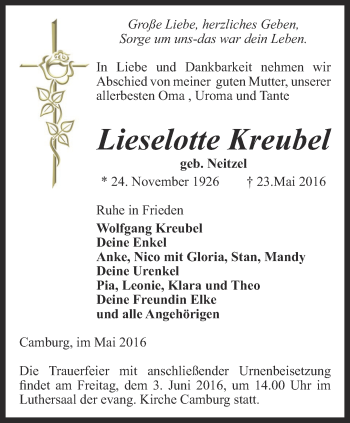 Traueranzeige von Lieselotte Kreubel von Ostthüringer Zeitung, Thüringische Landeszeitung