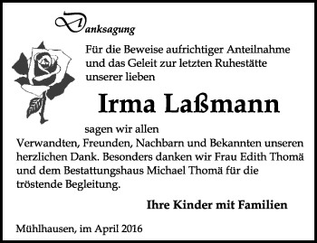 Traueranzeige von Irma Laßmann von Thüringer Allgemeine, Thüringische Landeszeitung