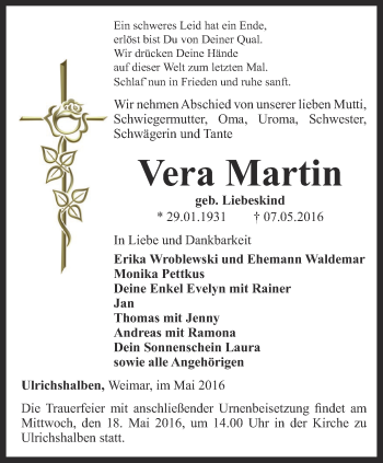 Traueranzeige von Vera Martin von Thüringer Allgemeine, Thüringische Landeszeitung