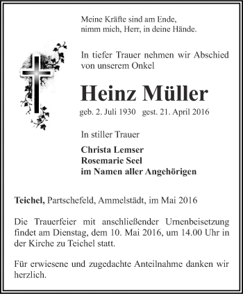 Traueranzeige von Heinz Müller von Ostthüringer Zeitung