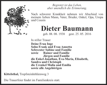 Traueranzeige von Dieter Baumann von Thüringer Allgemeine, Thüringische Landeszeitung