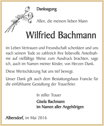 Traueranzeige von Wilfried Bachmann von Ostthüringer Zeitung