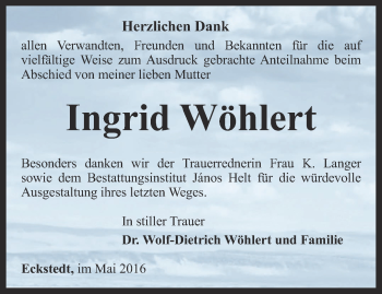 Traueranzeige von Ingrid Wöhlert von Thüringer Allgemeine, Thüringische Landeszeitung