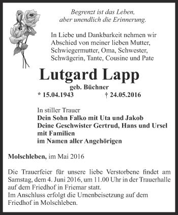 Traueranzeige von Lutgard Lapp von Ostthüringer Zeitung, Thüringische Landeszeitung