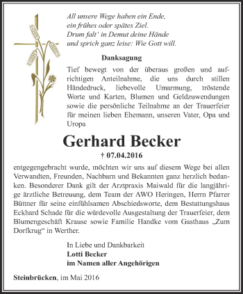 Traueranzeige von Gerhard Becker von Thüringer Allgemeine