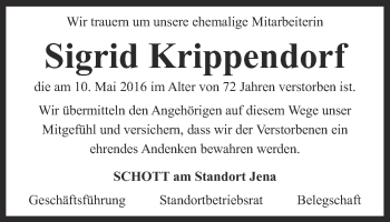 Traueranzeige von Sigrid Krippendorf von Ostthüringer Zeitung, Thüringische Landeszeitung