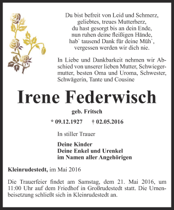 Traueranzeige von Irene Federwisch von Thüringer Allgemeine, Thüringische Landeszeitung