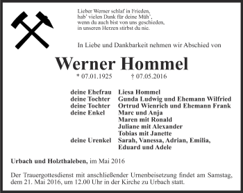 Traueranzeige von Werner Hommel von Thüringer Allgemeine, Thüringische Landeszeitung