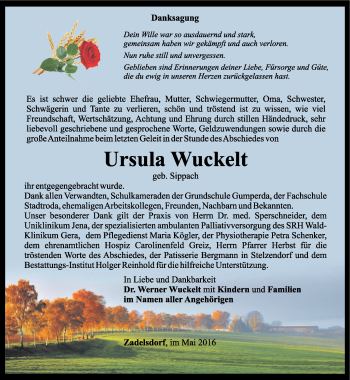 Traueranzeige von Ursula Wuckelt von Ostthüringer Zeitung