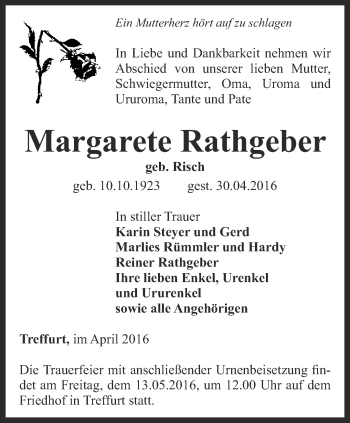 Traueranzeige von Margarete Rathgeber von Thüringer Allgemeine, Thüringische Landeszeitung