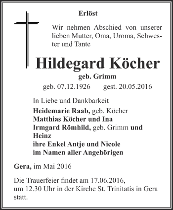 Traueranzeige von Hildegard Köcher von Ostthüringer Zeitung