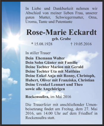 Traueranzeige von Rose-Marie Eckardt von Thüringer Allgemeine