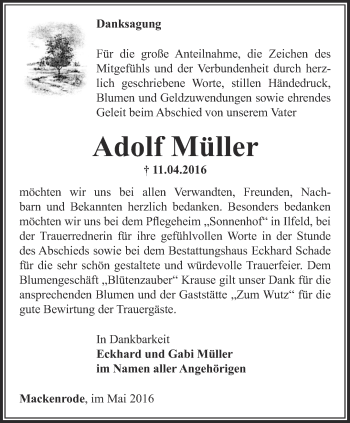 Traueranzeige von Adolf Müller von Thüringer Allgemeine