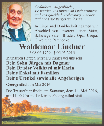 Traueranzeige von Waldemar Lindner von Ostthüringer Zeitung, Thüringische Landeszeitung