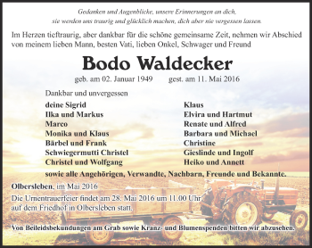 Traueranzeige von Bodo Waldecker von Thüringer Allgemeine