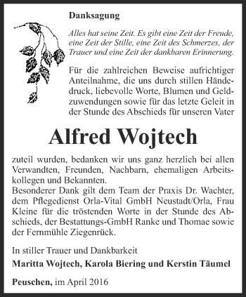 Traueranzeige von Alfred Wojtech von Ostthüringer Zeitung