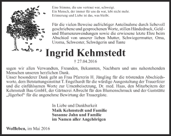 Traueranzeige von Ingrid Kehmstedt von Thüringer Allgemeine