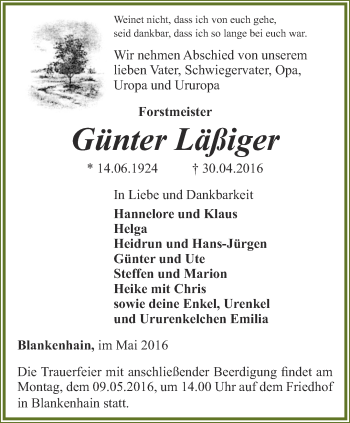 Traueranzeige von Günter Läßiger von Thüringer Allgemeine, Thüringische Landeszeitung
