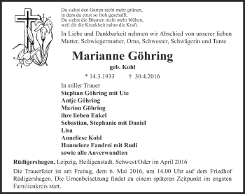 Traueranzeige von Marianne Göhring von Thüringer Allgemeine