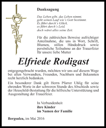 Traueranzeige von Elfriede Rodigast von Thüringer Allgemeine, Thüringische Landeszeitung