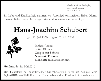 Traueranzeige von Hans-Joachim Schubert von Thüringer Allgemeine