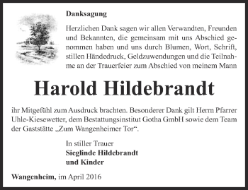 Traueranzeige von Harold Hildebrandt von Ostthüringer Zeitung, Thüringische Landeszeitung