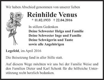 Traueranzeige von Venus Reinhilde von Thüringer Allgemeine, Thüringische Landeszeitung