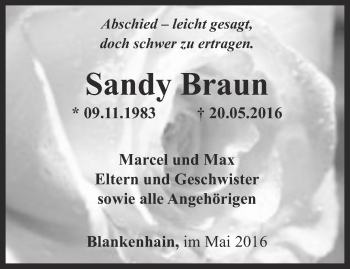 Traueranzeige von Sandy Braun von Thüringer Allgemeine, Thüringische Landeszeitung