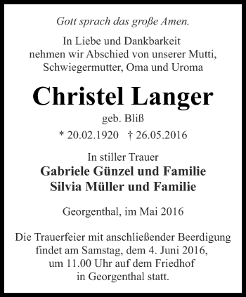 Traueranzeige von Christel Langer von Ostthüringer Zeitung, Thüringische Landeszeitung