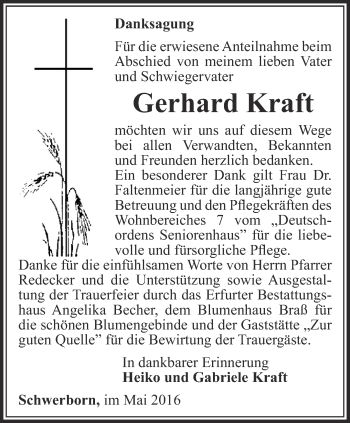 Traueranzeige von Gerhard Kraft von Thüringer Allgemeine, Thüringische Landeszeitung