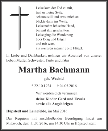 Traueranzeige von Martha Bachmann von Thüringer Allgemeine, Thüringische Landeszeitung