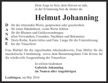 Traueranzeige von Helmut Johanning von Thüringer Allgemeine