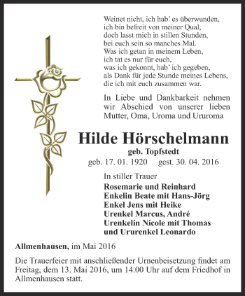 Traueranzeige von Hilde Hörschelmann von Thüringer Allgemeine