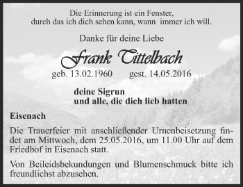 Traueranzeige von Frank Tittelbach von Thüringer Allgemeine, Thüringische Landeszeitung