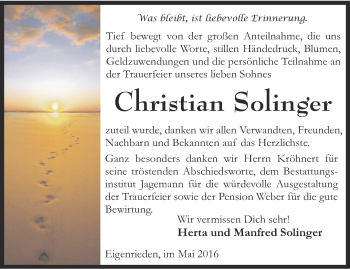 Traueranzeige von Christian Solinger von Thüringer Allgemeine, Thüringische Landeszeitung