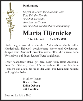 Traueranzeige von Maria Hörnicke von Thüringer Allgemeine